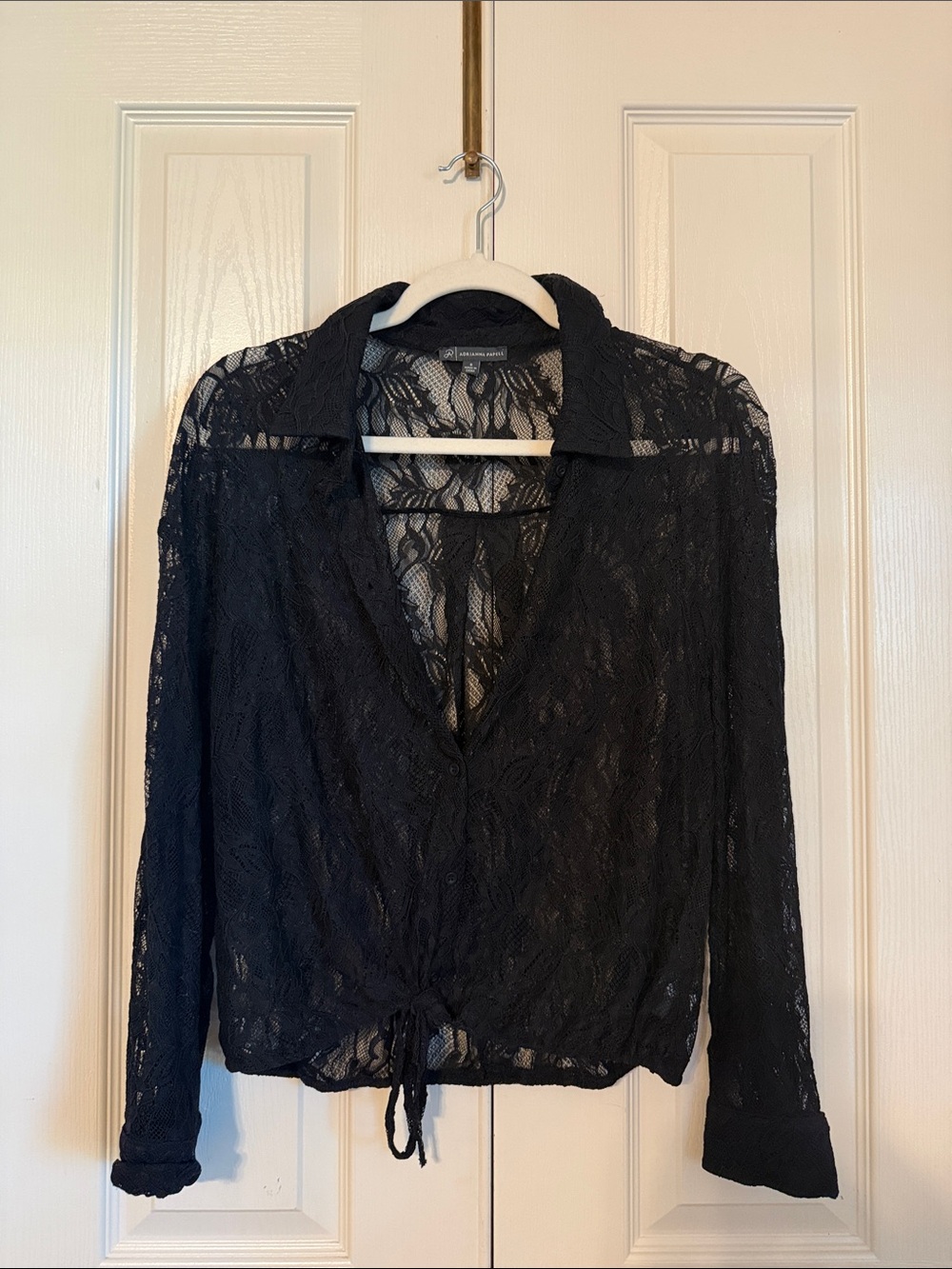 Adrianna Papell Black Sheer Lace Drawstring Blouse